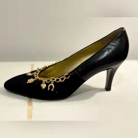 Bruno Magli Black Heels with Gold Chain Detail - Picture 3 of 6